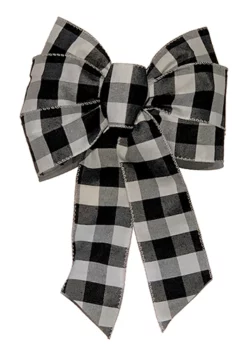 Holiday Trims White and Black 14 inch Plaid Bow